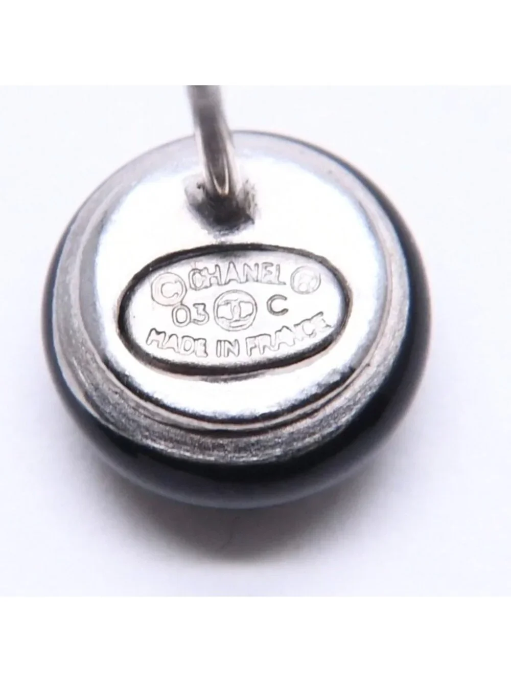 Chanel Button Earrings CC Logo Black Silver 03